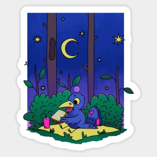 Little raven eats a sandwich at night in the forest Sticker